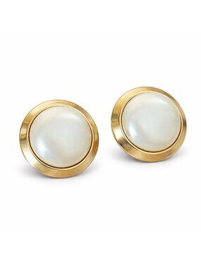 Vintage 80s Marvella Faux Pearl Button Earrings Gold Tone Clip On Preppy Signed